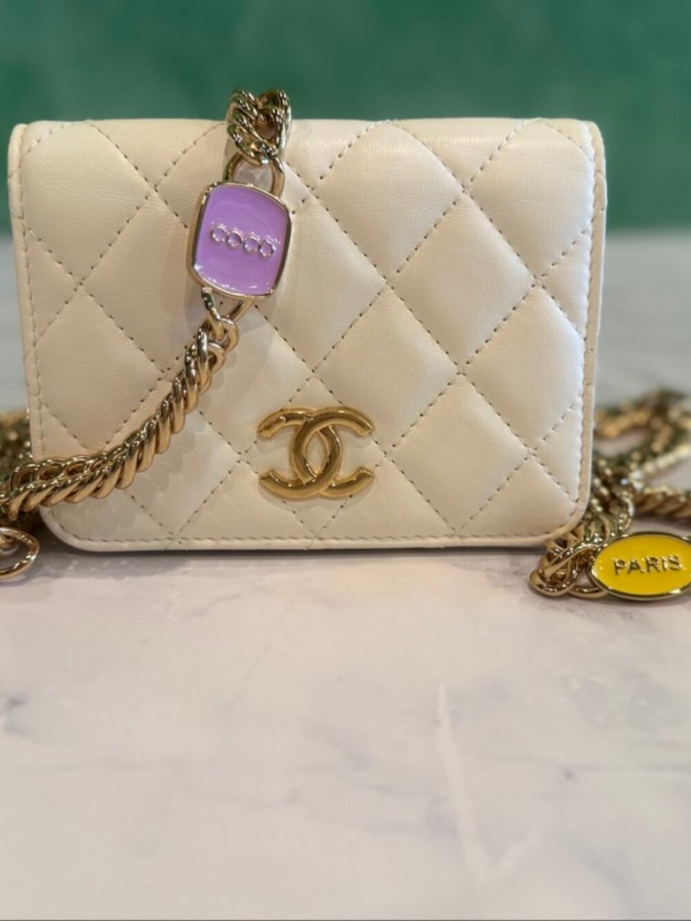 Chanel Mini Flap Bag White Quilted Leather Enamel Charm Chain Strap - Entrupy Au
